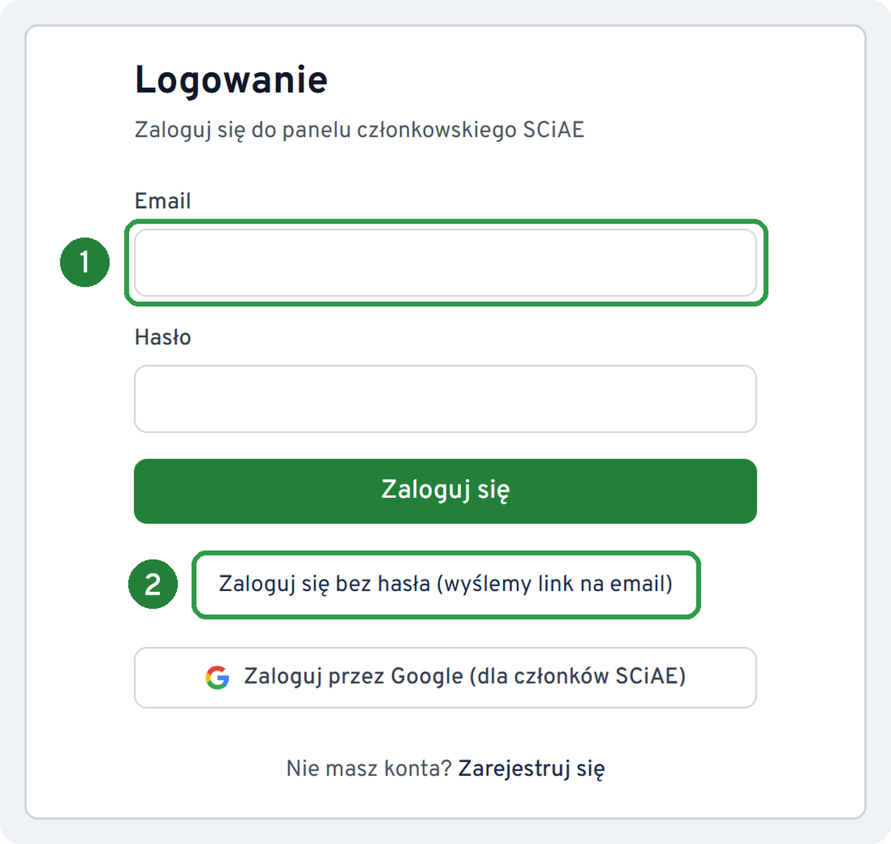 Strona logowania SCiAE: 1 – pole Email, 2 – przycisk „Zaloguj się bez hasła (wyślemy link na email)”