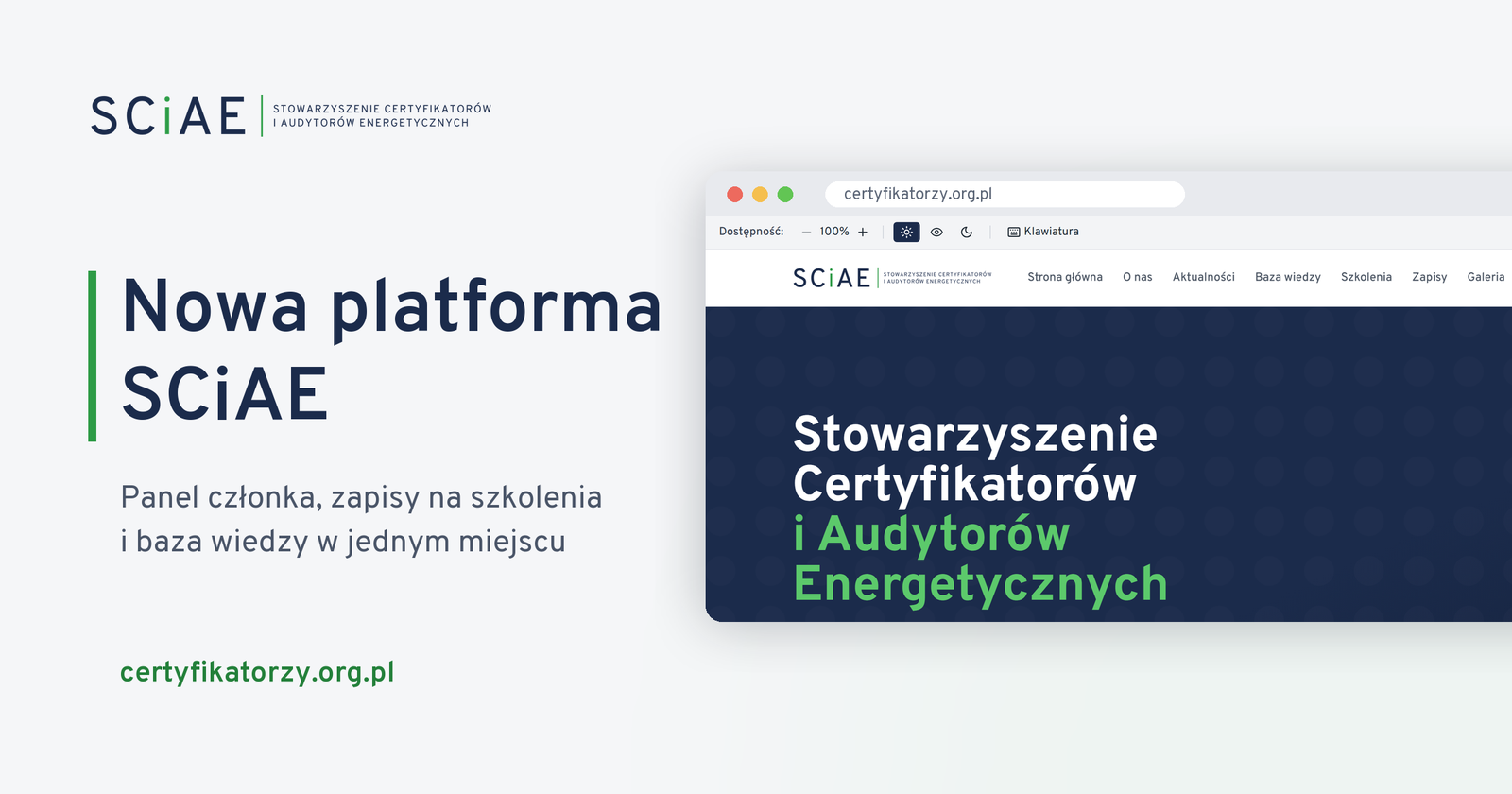 Nowa platforma SCiAE: strona główna certyfikatorzy.org.pl w oknie przeglądarki